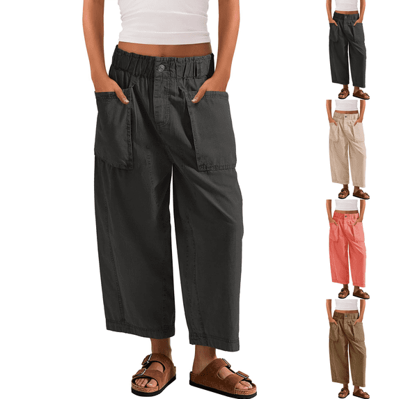 Womens Wide Leg Capri Pants Barrel Summer Casual Baggy Pull On Harem Pants Cropped Comfy Palazzo High Waisted Trousers Black S