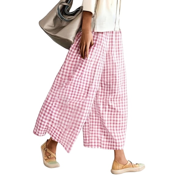 Womens Wide Leg Capri Pants Gingham Plaid Culottes Summer Elastic Waist Palazzo Trousers Bottoms With Pockets