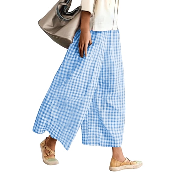 Womens Wide Leg Capri Pants Gingham Plaid Culottes Summer Elastic Waist Palazzo Trousers Bottoms With Pockets