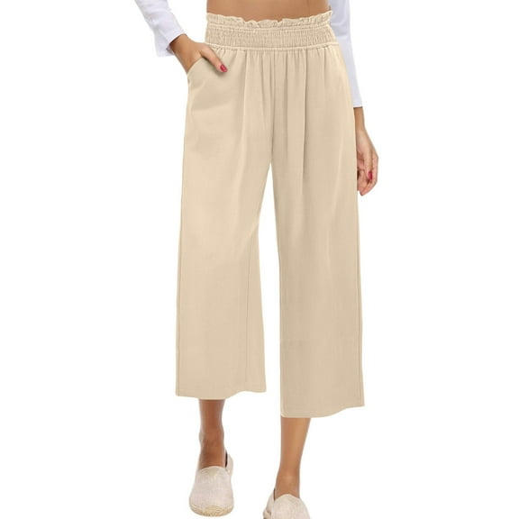 Womens Wide Leg Capri Pants High Waisted Baggy Capris Loose Casaul Cotton Linen Beach Vacation Crop Pants with Pockets