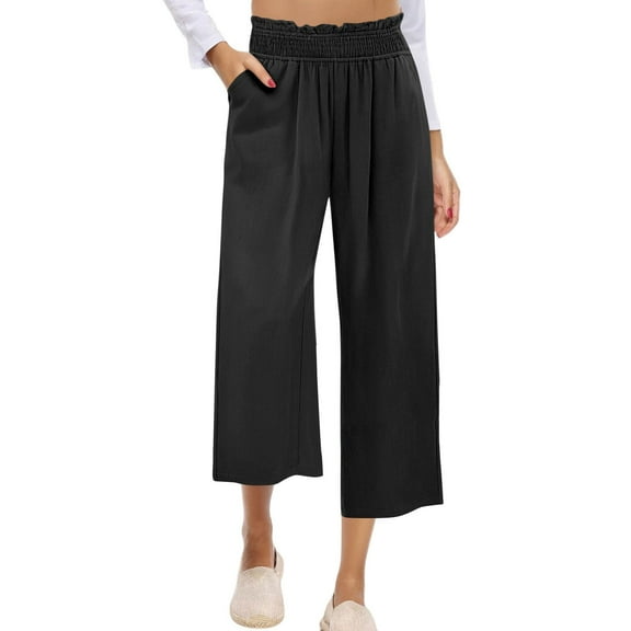Womens Wide Leg Capri Pants High Waisted Baggy Capris Loose Casaul Cotton Linen Beach Vacation Crop Pants with Pockets