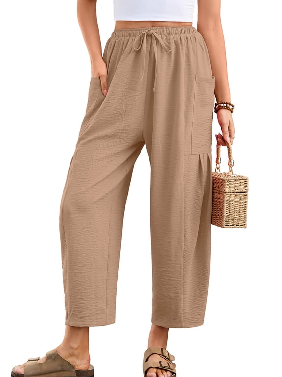 Women's High Waisted Palazzo Pants Casual Loose Light Khaki Wide Leg Trousers with Pockets Drawstring Flowy Pants, Size L