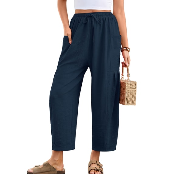Chiclily Women's High Waisted Palazzo Pants Casual Loose Navy Blue Wide Leg Trousers with Pockets Drawstring Flowy Pants, Size L