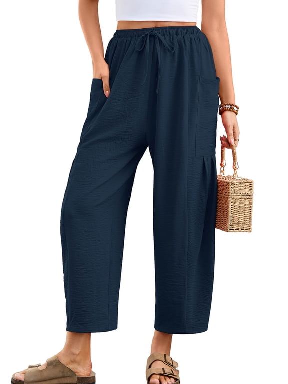 Women's High Waisted Palazzo Pants Casual Loose Navy Blue Wide Leg Trousers with Pockets Drawstring Flowy Pants, Size L