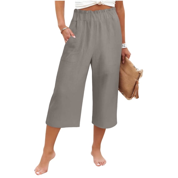 Womens Wide Leg Capri Pants Summer Ruffle Hem High Waist Linen Capris Casual Going Out Lounge Trousers Gray, M