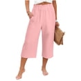 thumbnail image 1 of Womens Wide Leg Capri Pants Summer Ruffle Hem High Waist Linen Capris Casual Going Out Lounge Trousers Pink, XL, 1 of 7
