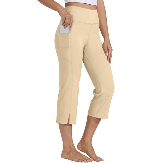 Womens Wide Leg Capris Loose Fitted New Capris Yoga Pants for Women Dressy Casual Soft High Waisted Tummy Suits Wide Leggings Workout with Pockets Beige XXL