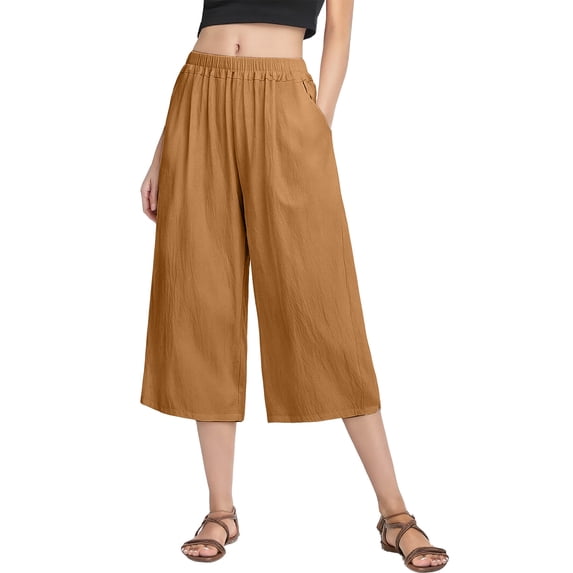 Womens Wide Leg Capris Pants Elastic Waist Casual Loose Linen Pant 2026 Summer Beach Vacation Lounge Trousers