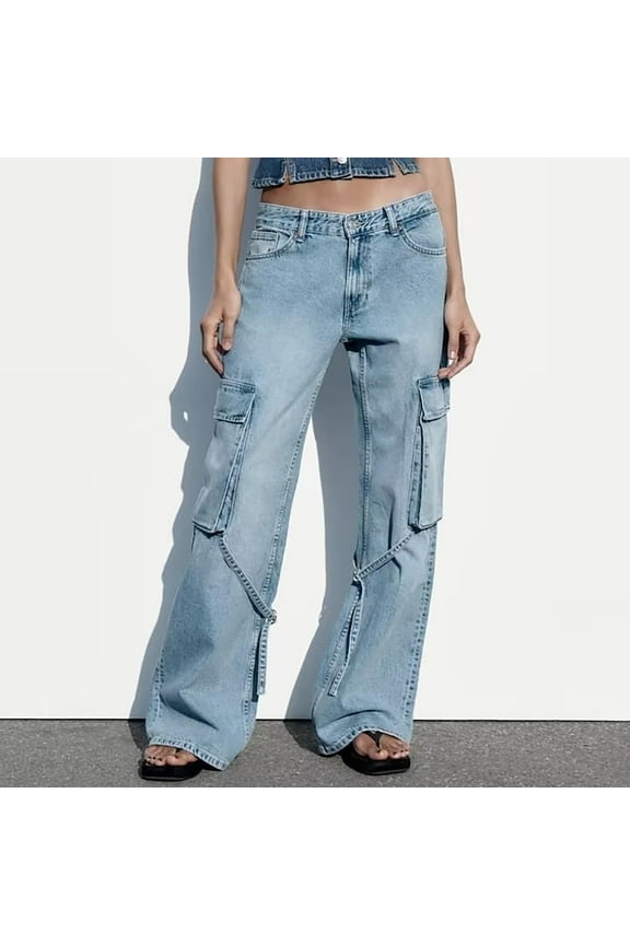 Womens Wide Leg Cargo Jeans Mid Rise Straight Denim Trouser Casual Baggy Long Pants with Pockets