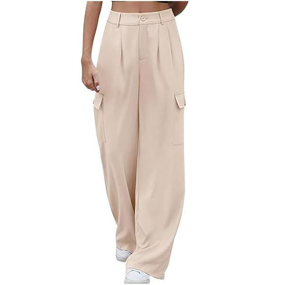 Womens Wide Leg Cargo Pants High Waist Pleated Solid Color Business Casual Loose Trousers with Pockets,Beige,M