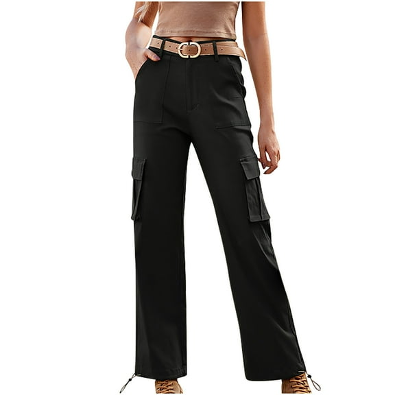 Womens Wide Leg Cargo Pants High Waist Pleated Solid Color Business Casual Loose Trousers with Pockets,Black 2,XL