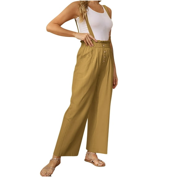 Womens Wide Leg Casual Jumpsuits Linen Blend Loose Fit Overalls Flowy Sleeveless Bib Outfits Yellow,XL