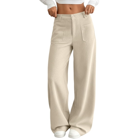 Womens Wide Leg Corduroy Pants Casual Lightweight Elastic Waist Flowy Palazzo Trousers Sweatpants with Pockets (Beige,M)