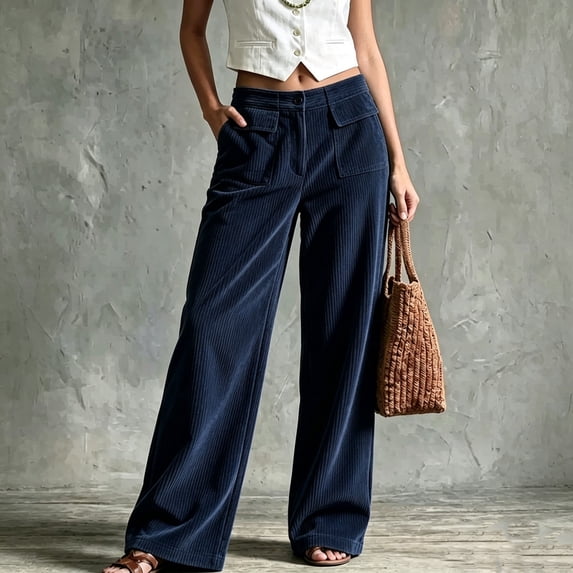 Womens Wide Leg Corduroy Trousers High Waisted Relaxed Fit Button Fastening Pants With Multi Pockets Casual Navy XXXL