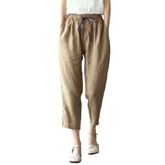 Womens Wide Leg Cropped Cotton Linen Pants High Waist Drawstring Palazzo Lounge Pants Loose Beach Pants with Pockets