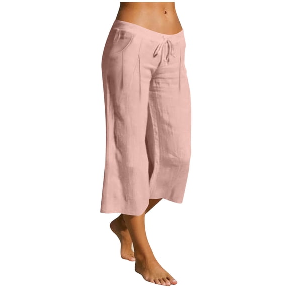 Womens Wide Leg Cropped Pants Casual Summer Lightweight Flowy Trousers Mid Rise Beach Pants with Pockets,Pink,XXL