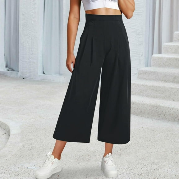 Womens Wide Leg Cropped Suit Pants Work Business Summer Pleated Waisted Side Zipper Up Trousers With Pockets Womens Casual Pants And Tops Women Business Casual Pants with Pockets Women Pants Casual