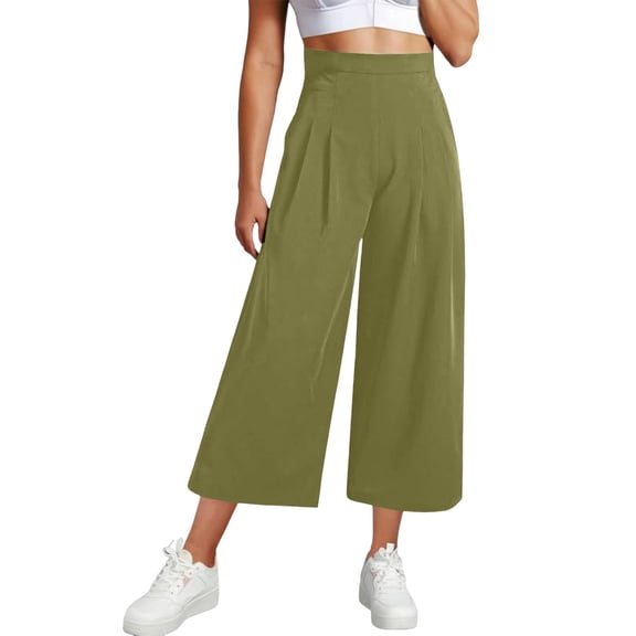 Womens Wide Leg Cropped Suit Pants Work Business Summer Pleated Waisted Side Zipper Up Trousers With Pockets