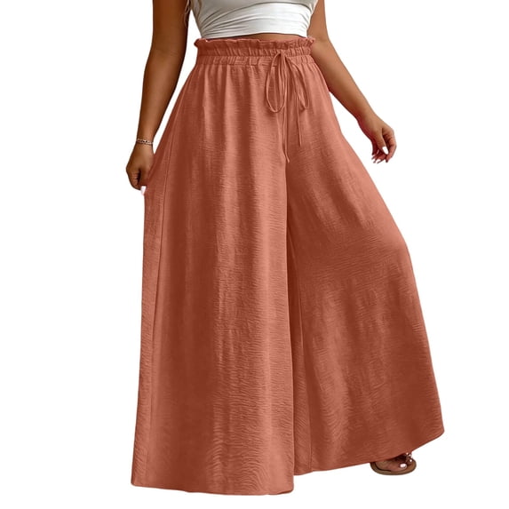 Womens Wide Leg Dress Pants Plus Size Flowy Solid Color Drape Lace Elasticity Wide Leg Casual Pants Drawstring Elastic Waist Comfy Loose Fit Dress Pants