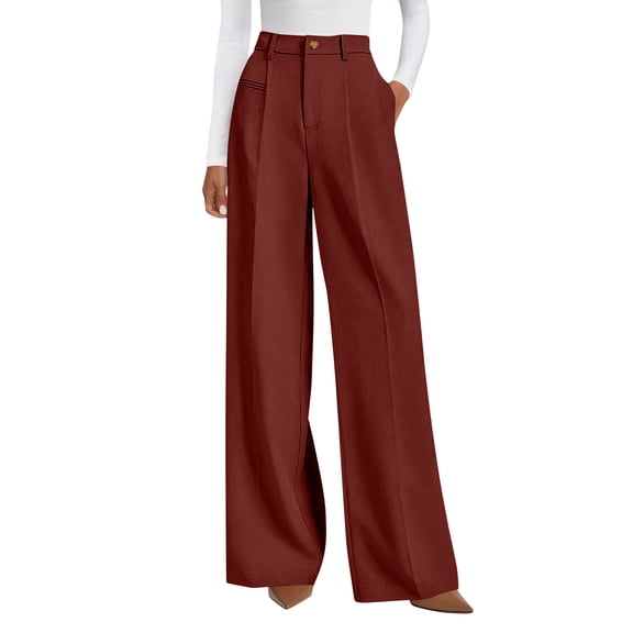 Womens Wide Leg Dressy Pants 2025 Business Casual Work Pants High Waisted Slacks Trousers Wine M