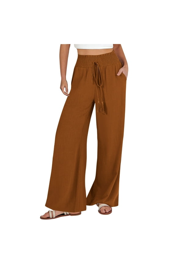 Womens Wide Leg Elastic Drawstring Pants - Loose Casual Trousers, Summer Beach Wear - Boho Resort Solid Color
