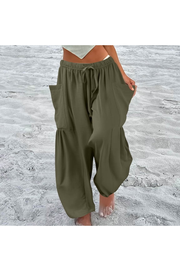 Womens Wide Leg Elastic Waist Beach Pants Summer Casual Baggy Palazzo Harem Pants Trousers with Pockets Army Green XL
