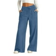 thumbnail image 1 of Womens Wide Leg Faux Denim Pants Drawstring Elastic High Waist Trousers Stretch Workout Sports Fake Jean Pant with Pockets, 1 of 5