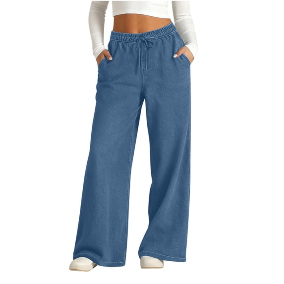 Womens Wide Leg Faux Denim Pants Drawstring Elastic High Waist Trousers Stretch Workout Sports Fake Jean Pant with Pockets