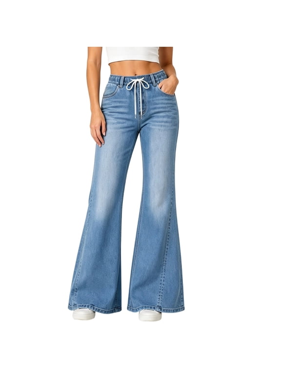Womens Wide Leg Flare Jeans Pull On Stretchy Pants High Waist, Bell Bottom Bootcut Denim, Drawstring,Y2K Baggy Pants for Summer Fall, Trendy Daily Wear