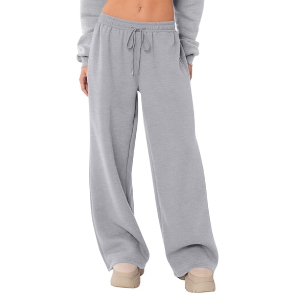 Womens Wide Leg Fleece Lined Sweatpants Winter Baggy Lounge Travel Pants Fashion Outfits 2026 Joggers Clothes Light Gray XL