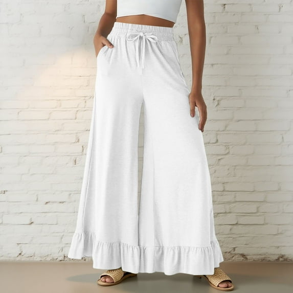 Womens Wide Leg Flowy Pants Loose Casual Ruffle Pants Drawstring High Waisted Knit Loose Loungewear Travel Vacation Trousers with Pockets White L