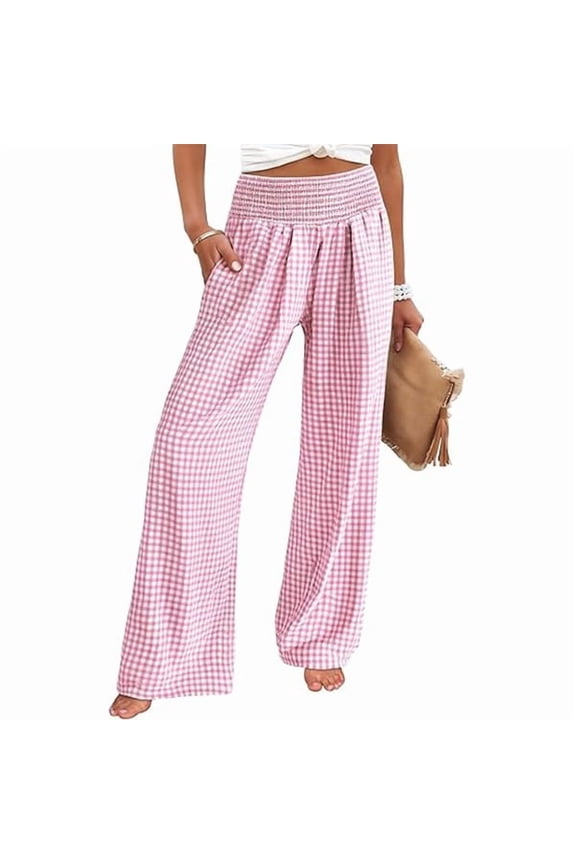 Womens Wide Leg Gingham Vacation Pants - High Waisted Striped Beach Trousers - Lightweight Cropped Plaid Palazzo Pants - Flowy Summer Travel Essential (2026)