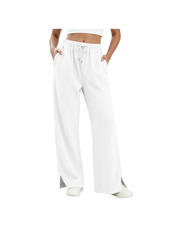 Womens Wide Leg High Waist Sweatpants with White Drawstring Split Hem Pockets Pants Fashion Fall Streetwear White