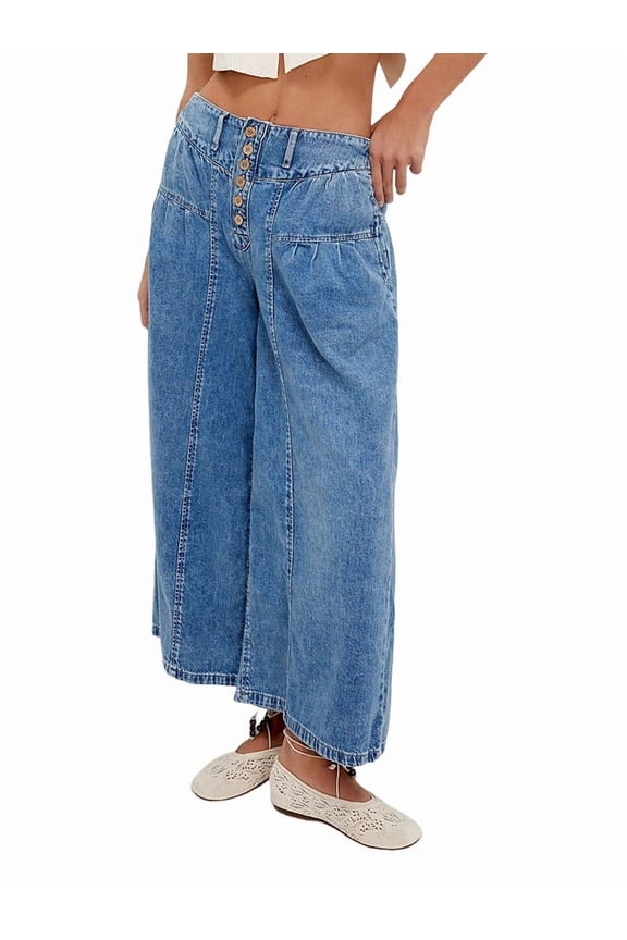 Womens Wide Leg Jeans Baggy Elastic Waist Button Boyfriend Casual Loose Denim Pants with Pockets Deep Blue M