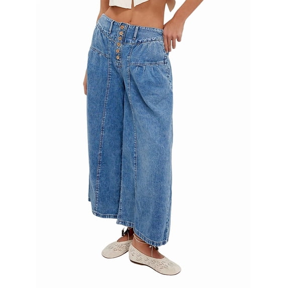 Womens Wide Leg Jeans Baggy Elastic Waist Button Boyfriend Casual Loose Denim Pants with Pockets Deep Blue M