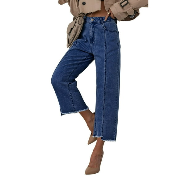 Womens Wide Leg Jeans High Rised Baggy Jeans Boyfriend Stretchy Wide Straight Leg Denim Jean Pants Raw Hem Casual Loose Straight Jeans Blue US 10