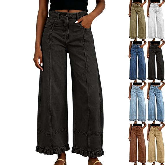 Womens Wide Leg Jeans High Waist Denim Pants Ruffle Hem Casual Streetwear Going out Baggy Solid Color Loose Pants