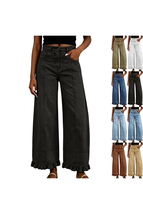 Womens Wide Leg Jeans High Waist Denim Pants Ruffle Hem Casual Streetwear Going out Baggy Solid Color Loose Pants