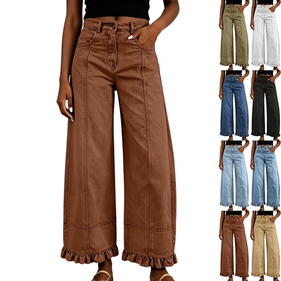 Womens Wide Leg Jeans High Waist Denim Pants Ruffle Hem Casual Streetwear Going out Baggy Solid Color Loose Pants