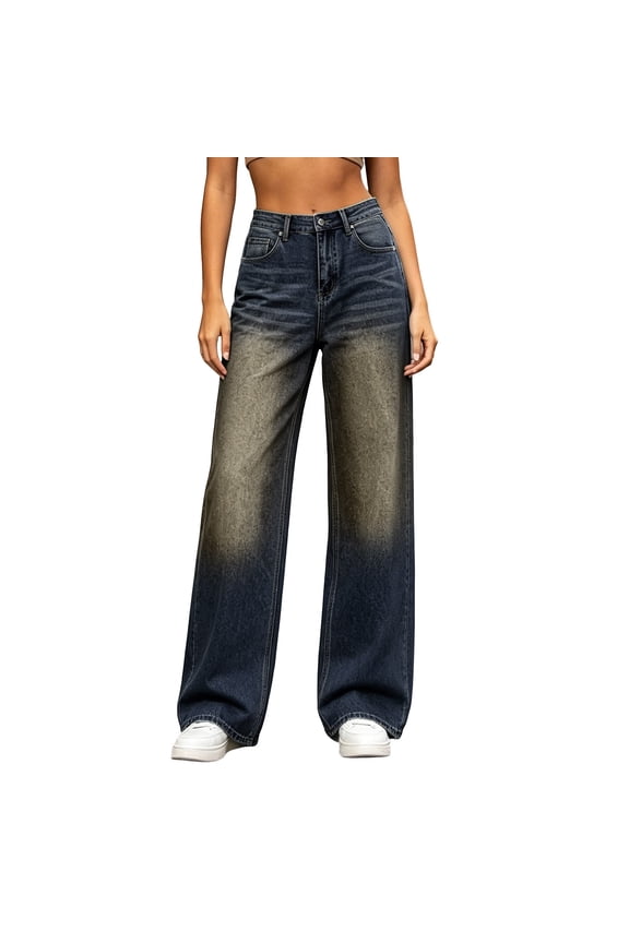 Womens Wide Leg Jeans High Waisted Button Front Denim Pants with Pocket Straight Leg,Front Pockets,Full Length, High Rise, Women's Jeans,Loose,Casual,Daily Trendy Wear