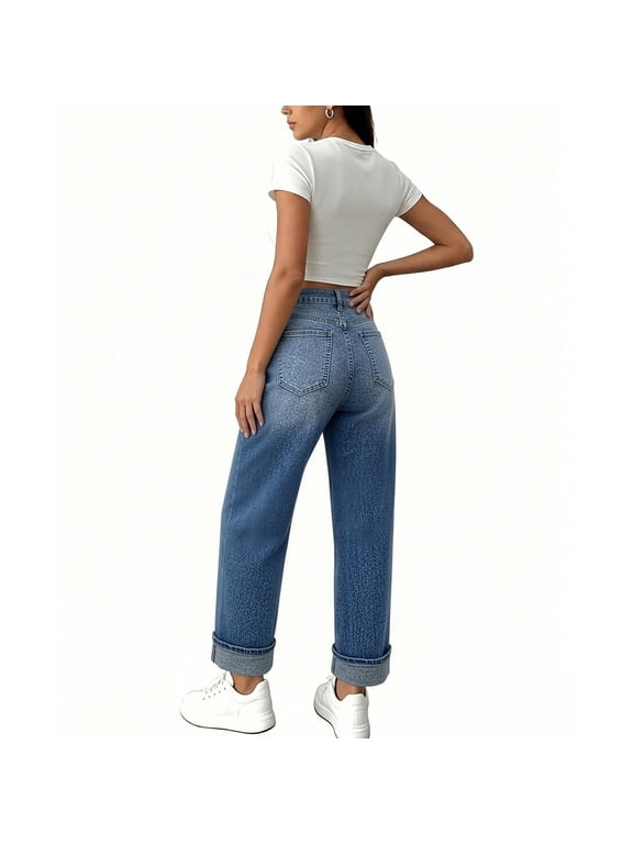 Womens Wide Leg Jeans High Waisted Denim Pants Cuffed Hem Baggy Straight Pants Casual Summer with Pockets