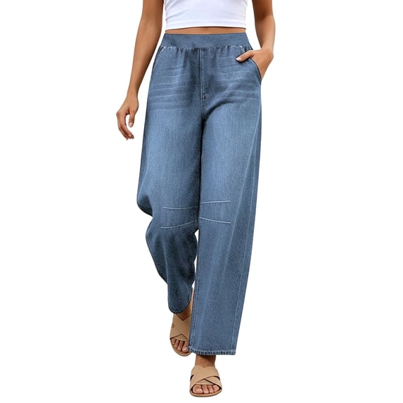 Womens Wide Leg Jeans High Waisted Denim Pants with Pocket Straight Leg,Side Pockets,Elastic Waist,Full Length, High Rise,Women's Jeans,Loose,Casual,Fashion