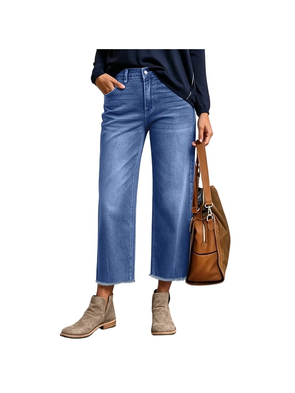Womens Wide Leg Jeans High Waisted Loose Fit Stretchy Comfort Raw Hem Frayed Denim Pants