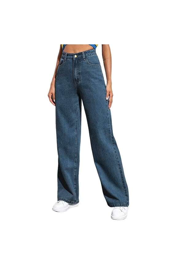 Womens Wide Leg Jeans High Waisted Straight Leg Relax Fit Denim Pants Vintage Y2K Pull-On Pants with Pockets