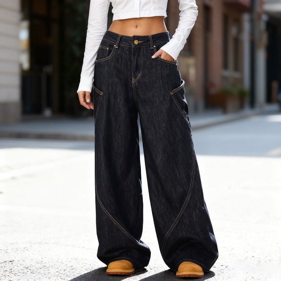 Womens Wide Leg Jeans Woman High Waisted Casual Womens Denim Pants with Pocket Black Jeans for Women Women's Pants