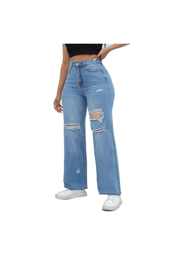 Womens Wide Leg Jeans Women's Ripped Jeans Mid Waisted Jeans Wide Leg Jeans Loose Fitting Stretchy Denim Pants S-85 Sky Blue XL