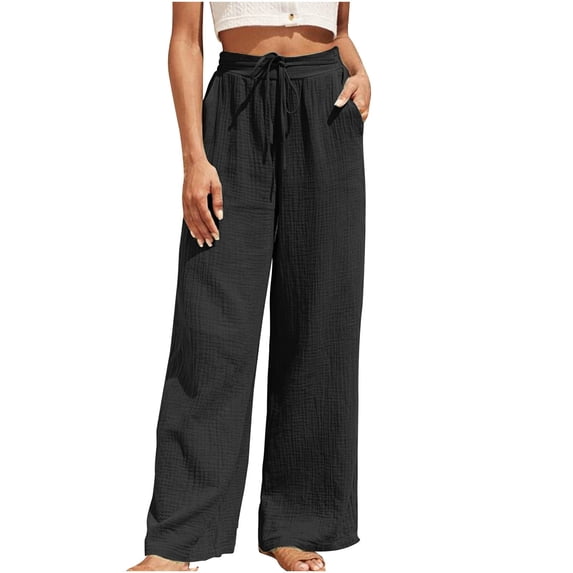 Womens Wide Leg Linen Pants Elastic High Waisted Drawstring Flowy Crop Trousers with Pockets Black,L