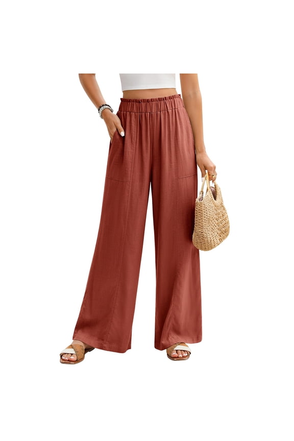 Womens Wide Leg Linen Pants High Waist Split Ankle Casual Lounge Beach Vacation Pants 2026 Spring Summer Vermilion L