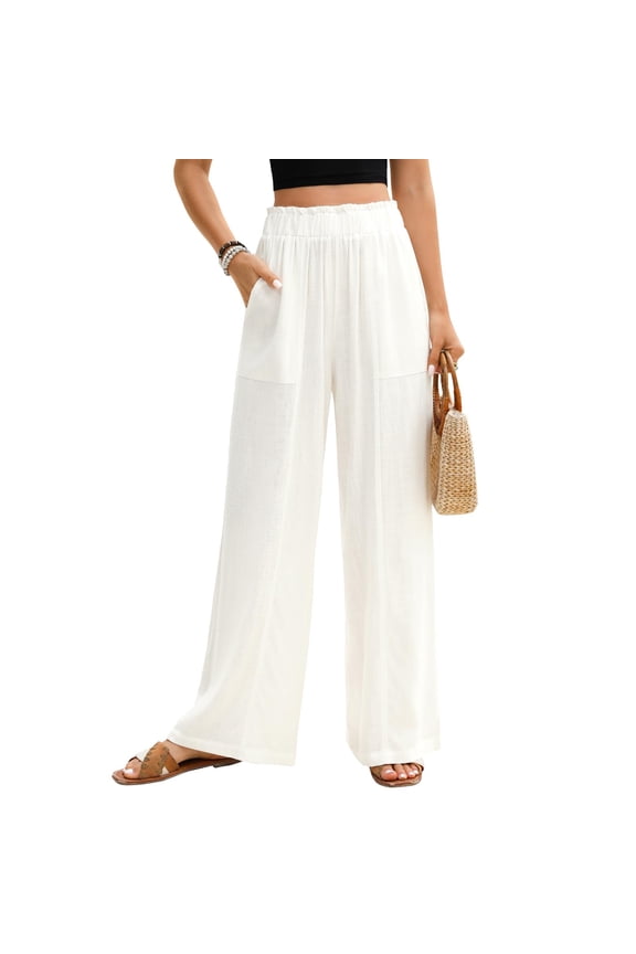 Womens Wide Leg Linen Pants High Waist Split Ankle Casual Lounge Beach Vacation Pants 2026 Spring Summer White M