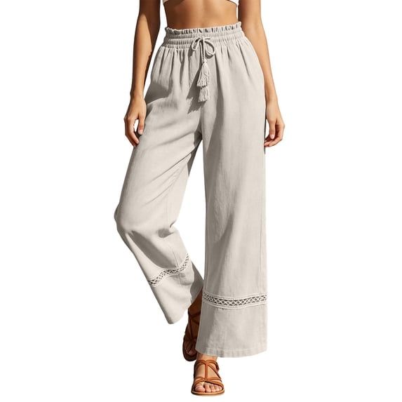 Womens Wide Leg Linen Pants High Waisted Drawstring Palazzo Casual Summer Beach Pants with Pockets